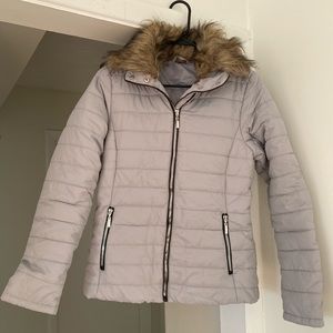 Winter puffer coat, size small, grey coat with faux fur